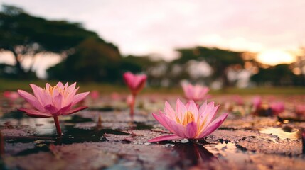 Pond filled with pink water lilies reflecting a golden sunrise sky