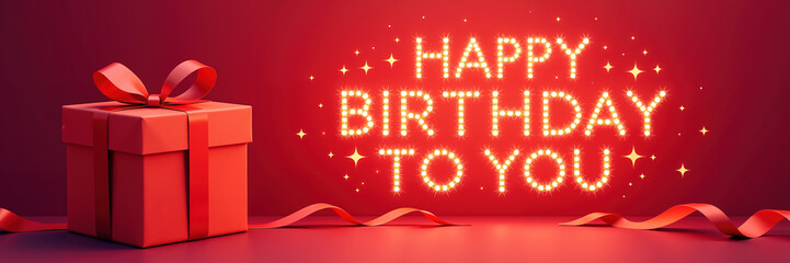 Gift box with red ribbon and bow on left, bright Happy Birthday To You light letters on right, surrounded by stars on red background.