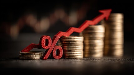 Red percentage sign and arrow pointing upward on a stack of united states dollar bills