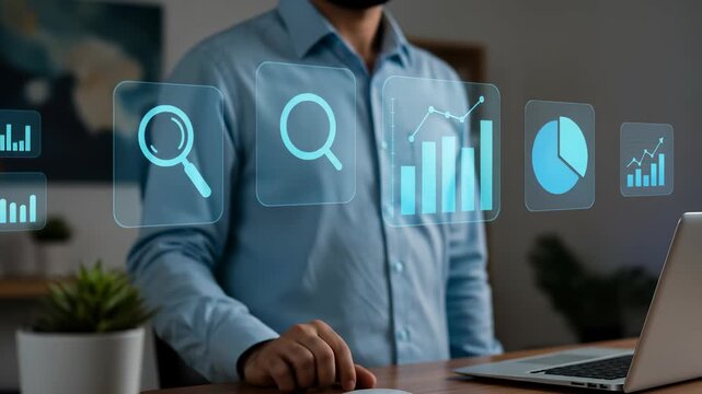 A focused professional man uses advanced digital data analysis to explore business intelligence and market research with interactive holographic charts and graphs, visualizing future growth 