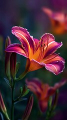 Fototapeta premium A vibrant lily flower in stunning purple and orange hues captures the essence of nature's beauty, perfect for enhancing botanical collections or artwork projects.