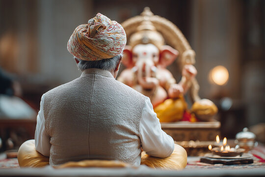 Man with pheta and Nehru jacket performing in festival celebration