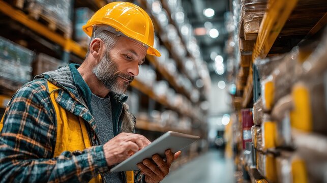 Man with hard hat inspects inventory using tablet in warehouse racking shelves - Powered by Adobe