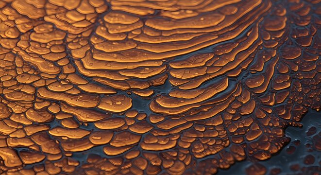 Close up of cracked and textured brown material with dark crevices creating an abstract pattern