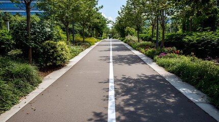 Obraz premium A sunny path lined with trees and colorful flowers, inviting a peaceful stroll in a green urban oasis.