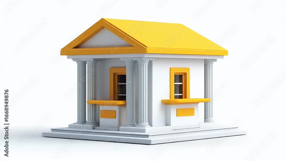 Poster dynamic 3d render of stylized bank building icon with orange accents rotating on clean white backgro
