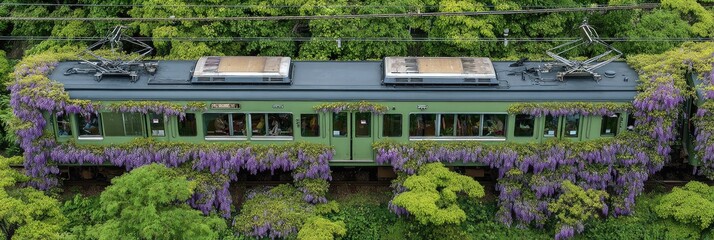 Green train car draped in wisteria blooms