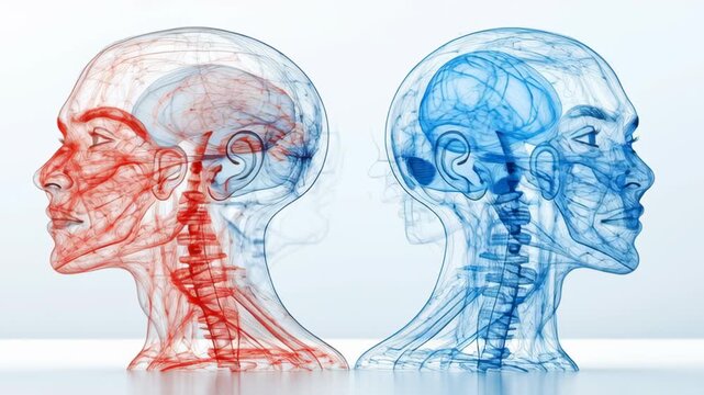 Human head and neck anatomy showing brain and spinal cord activity, isolated on a white background