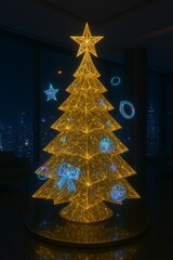 AI-Generated Crystal Christmas Tree in a Modern Skyscraper Interior