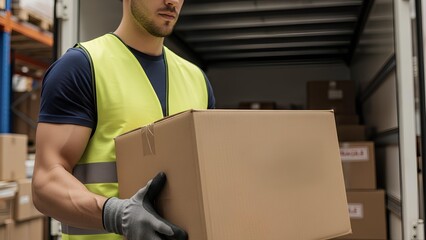 Warehouse Worker Moving Cardboard Box Logistics and Delivery
