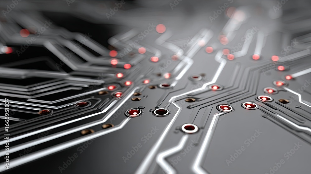 Poster illuminated abstract circuit board design on gray background showcases modern technology