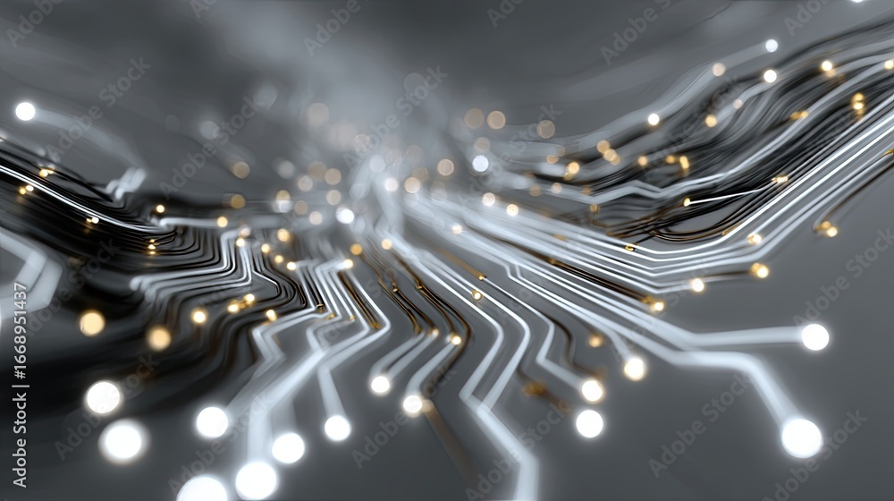 Poster illuminated abstract circuit board design on gray background showcases modern technology