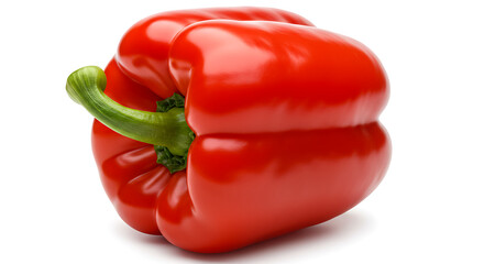 Glossy red bell pepper with stem, isolated on white background, detailed and photorealistic