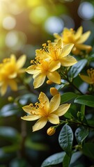 Obraz premium Delicate Yellow Jasmine Branch with Small Flowers in Soft Green Garden Scene