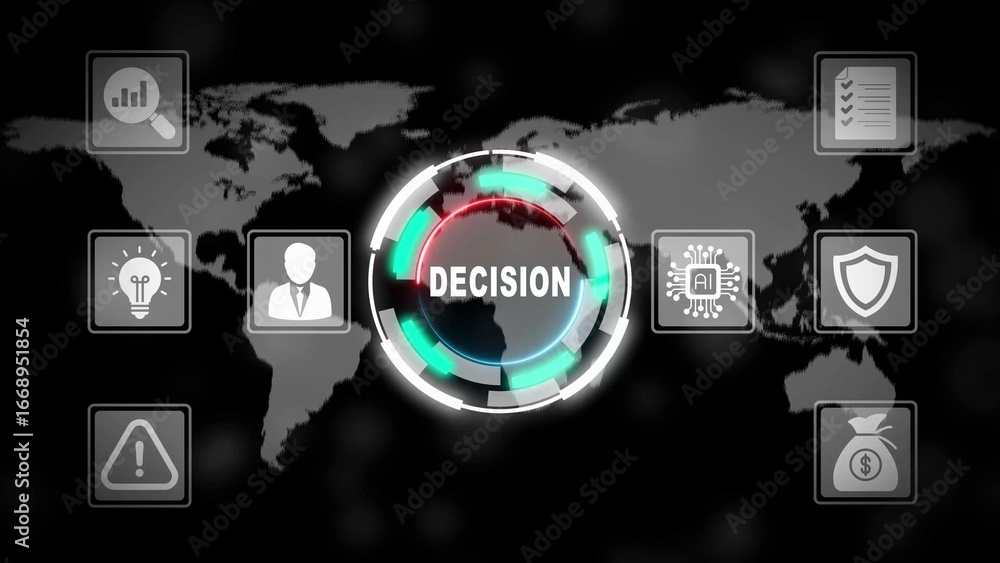 Poster decision making concept with world map and digital hub with surrounding icons choice strategy