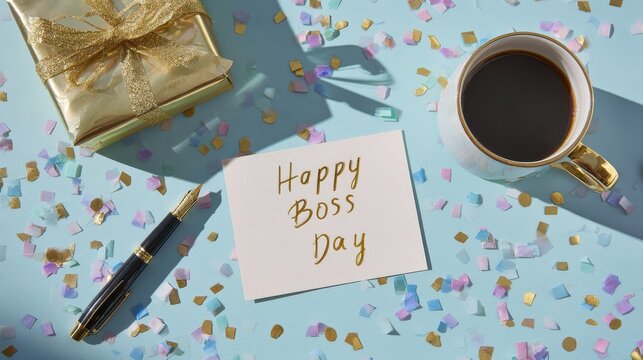 Happy Boss Day card with coffee, pen and gift box on blue table
