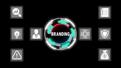 Digital branding concept with glowing central hub and surrounding icons marketing strategy