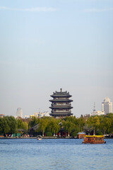 Distant pagoda rising above lakeside trees
