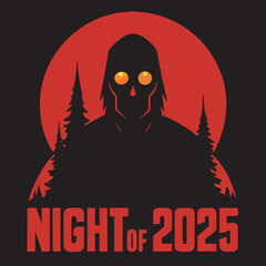 Mysterious Silhouette of a Figure with Glowing Eyes in a Forest Under a Red Moon