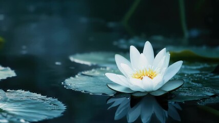 Serene white lotus flower floats on calm water among green lily pads - Powered by Adobe