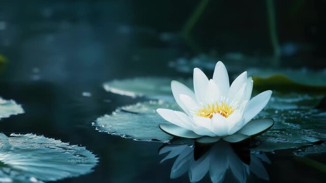 Serene white lotus flower floats on calm water among green lily pads