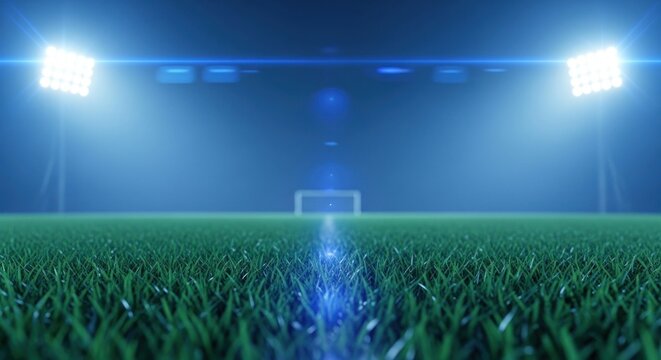 Illuminated soccer field at night, showcasing bright stadium lights and a vibrant green grass surface. - Powered by Adobe