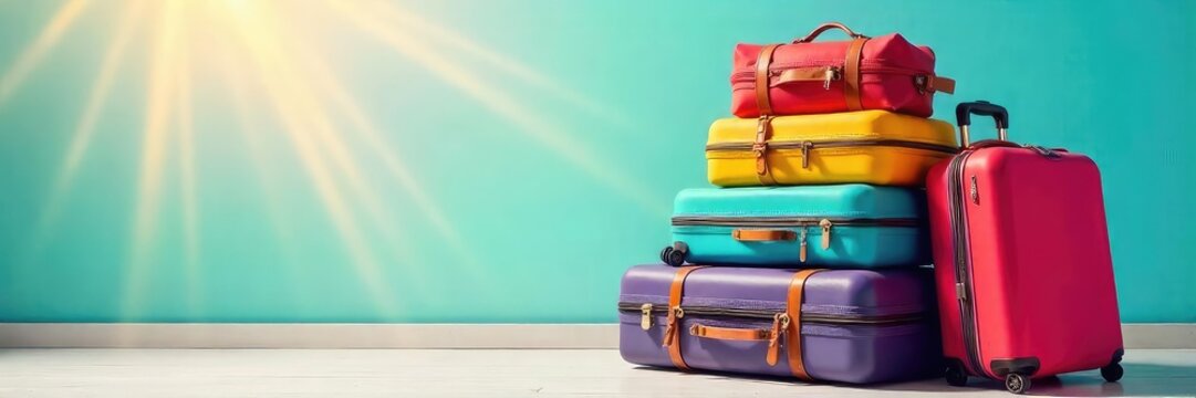 A colorful array of suitcases and travel bags sits neatly stacked, ready for a holiday adventure Sunbeams illuminate the vibrant luggage, hinting at exciting destinations , travel, freedom, plane