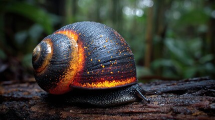 Close-up of an orange-and-black snail crawling across a mossy log in a forest
