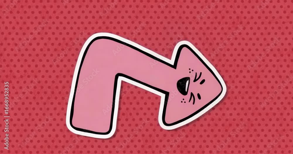 Aufkleber on playback pink l-shaped arrow on red-dotted background pulsing marks tilting to express emotion