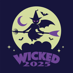 Spooky Halloween Witch Flying on Broomstick Against a Full Moon with Bats and Stars