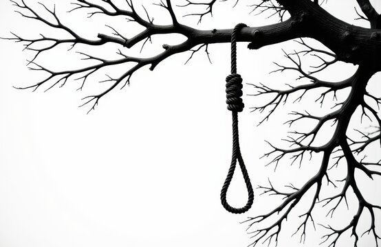A leafless tree branch with a noose hanging from it against a white background