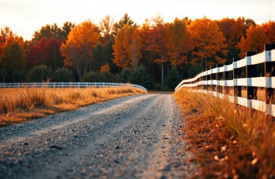 A gravel road curves through a rural landscape during autumn with colorful trees lining the scene - Powered by Adobe