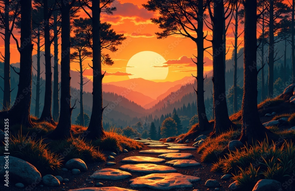 Aufkleber sunset over a forest with tall trees and a rocky path creating a peaceful natural scene