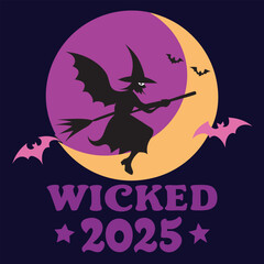 Wicked Witch Flying on Broomstick with Bats and Moon, Halloween 2025 Graphic