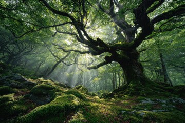 Obraz premium Sunbeams pierce ancient forest