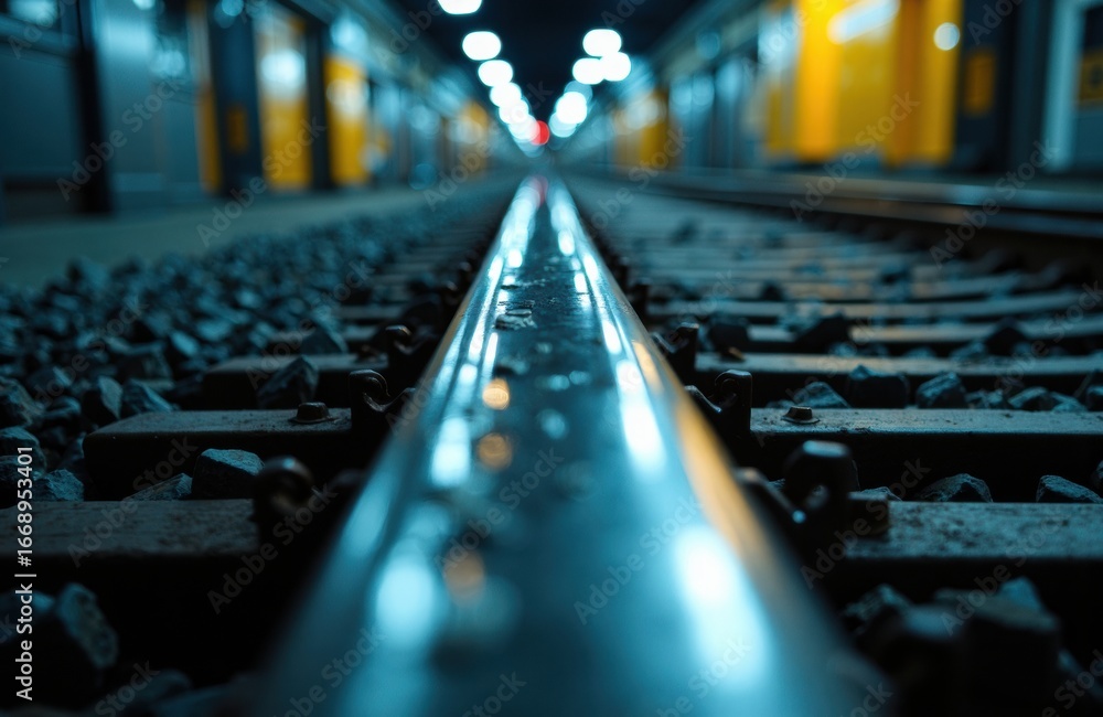 Poster a close-up view of train tracks extending into the distance in a modern underground station