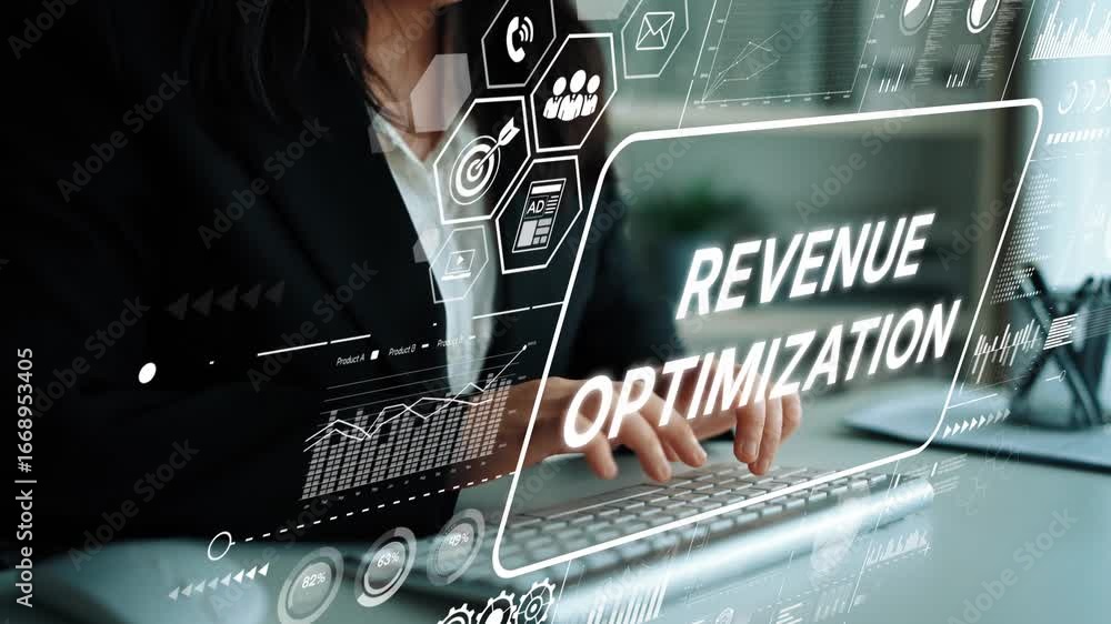 Aufkleber business professional engaging in revenue optimization with data analytics tools and graphics in mod