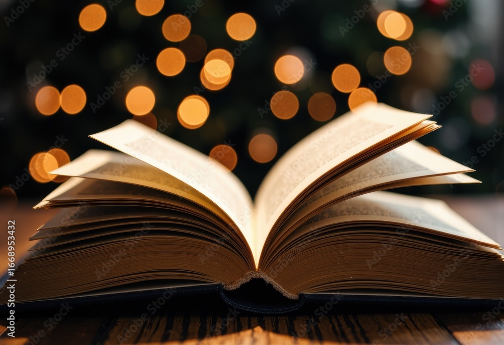Poster An open book with glowing bokeh lights in the background creating a warm, cozy atmosphere