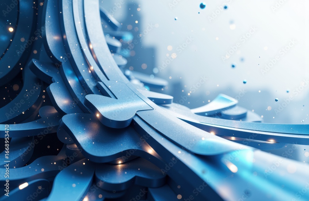 Poster close-up of a metallic clock gear with a blue finish and snow-like particles floating around