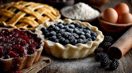 Assortment of fruit pies and ingredients on wooden table