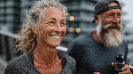 Smiling older couple jogging outside