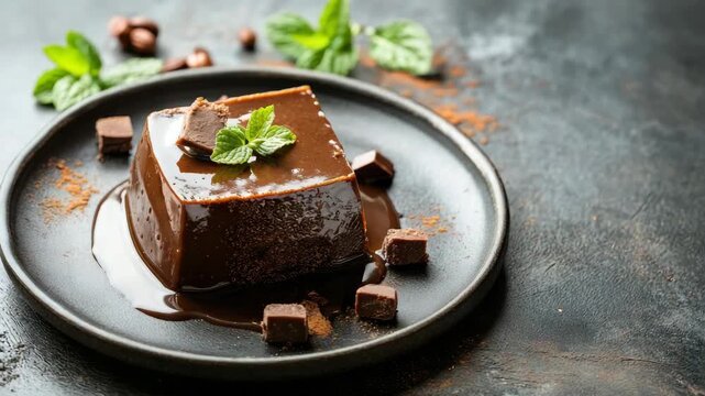 Delicious slice of chocolate cake garnished with mint on black dish
