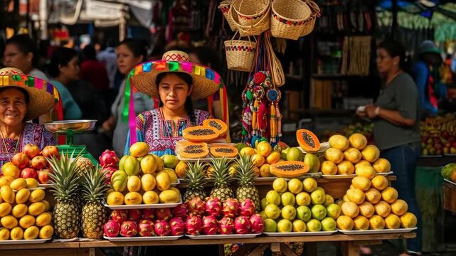 A beautiful indigenous woman in a traditional colorful hat sells a vibrant array of fresh tropical fruits at a bustling local market in guatemala or mexico

