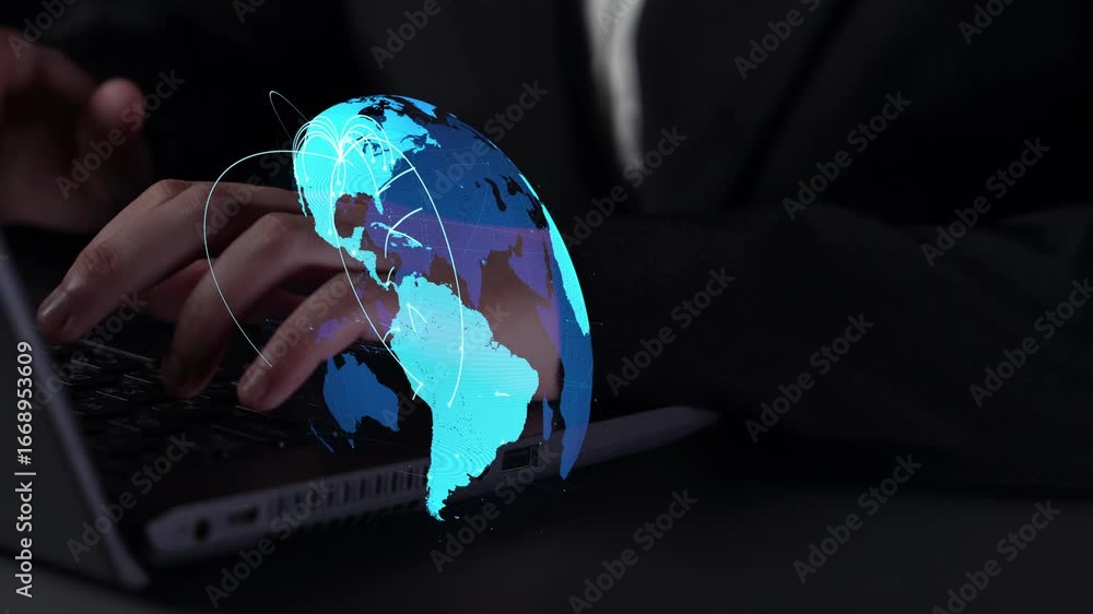 Poster global network connection visualization showing data exchange, digital link, worldwide communication