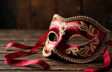 A decorative Venetian mask with gold embellishments resting on a wooden surface
