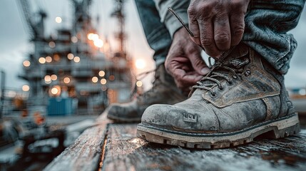 Construction worker prepares for the workday by tying work boot laces at a construction site
