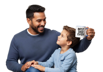 Happy father and son celebrating Father's Day with a 'BEST DAD EVER' mug, sharing a loving moment, isolated on white & transparent background. Ideal for greeting cards, parenting content,