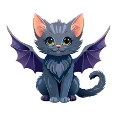 fantasy illustration iof a realistic kitten of a cute small black kitten with realistic kitten proportions. The kitten has huge bat wings 