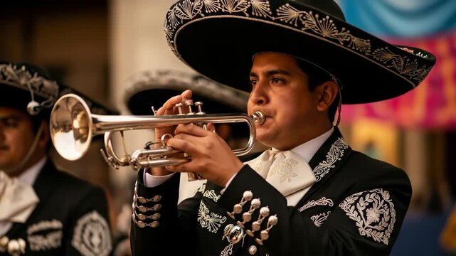 A talented mariachi musician in a traditional black charro suit and sombrero plays the trumpet during a festive performance of mexican folk music at a celebration


