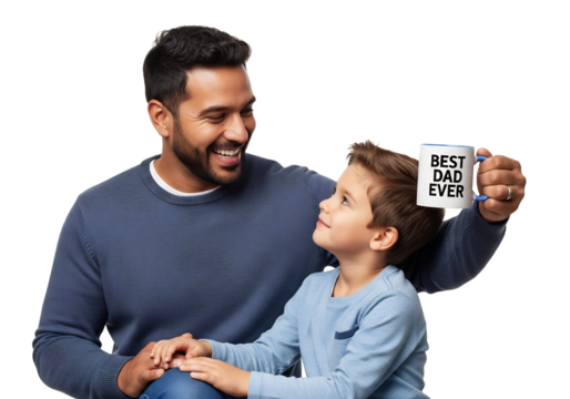 Happy father and son celebrating Father's Day with a 'BEST DAD EVER' mug, sharing a loving moment, isolated on white & transparent background. Ideal for greeting cards, parenting content,